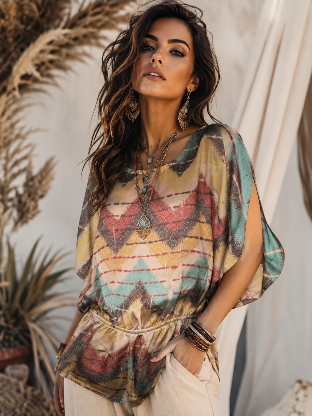 Dressbarn Petite Medium Sheer Peplum Blouse Abstract Boho Print Preloved A29